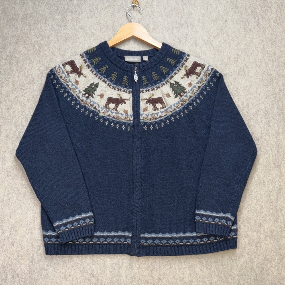 Grandmacore Sweater Womens L Full Zip Croft & Barrow Blue Nordic Cabin Gorpcore
